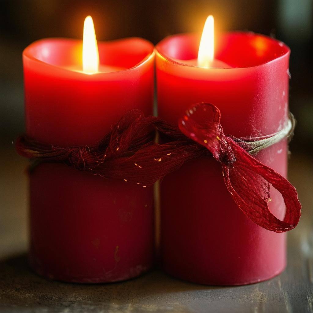 An image of two red candles tied together with a ribbon, representing a longdistance love spell ritual