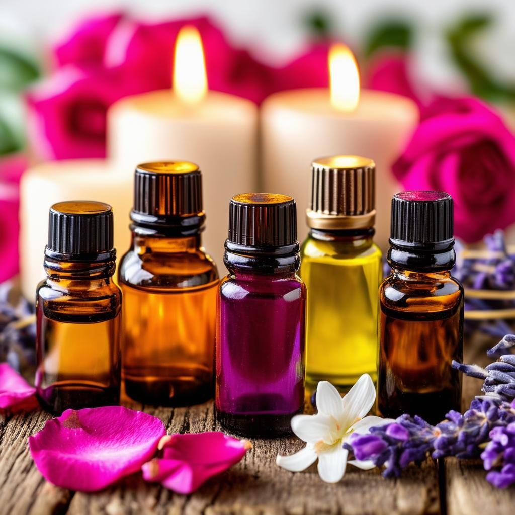 An image of various essential oils bottles, such as rose, jasmine, ylang ylang, lavender, and patchouli, arranged on a wooden surface with a backgroun-2