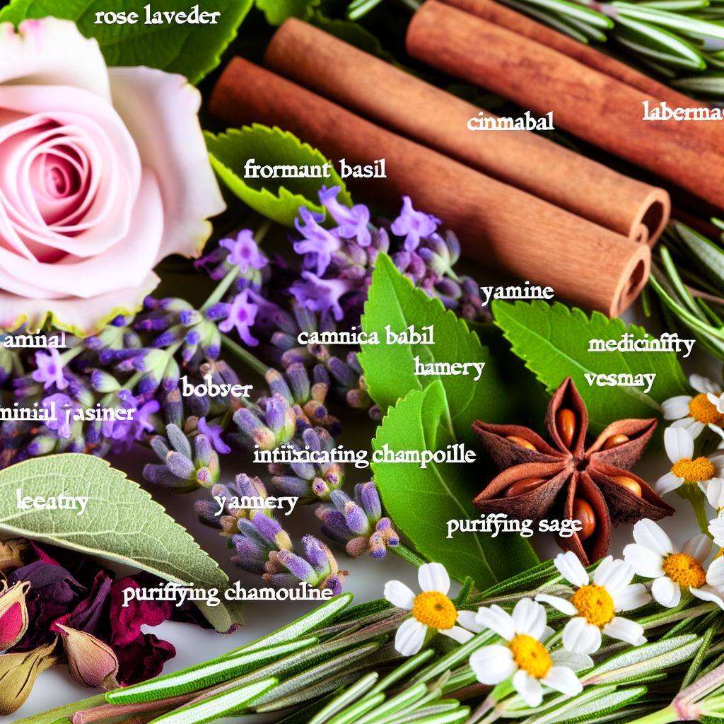 An image of various herbs commonly used in love spells, such as rose petals, lavender, basil, cinnamon, jasmine, yarrow, chamomile, patchouli, rosemar