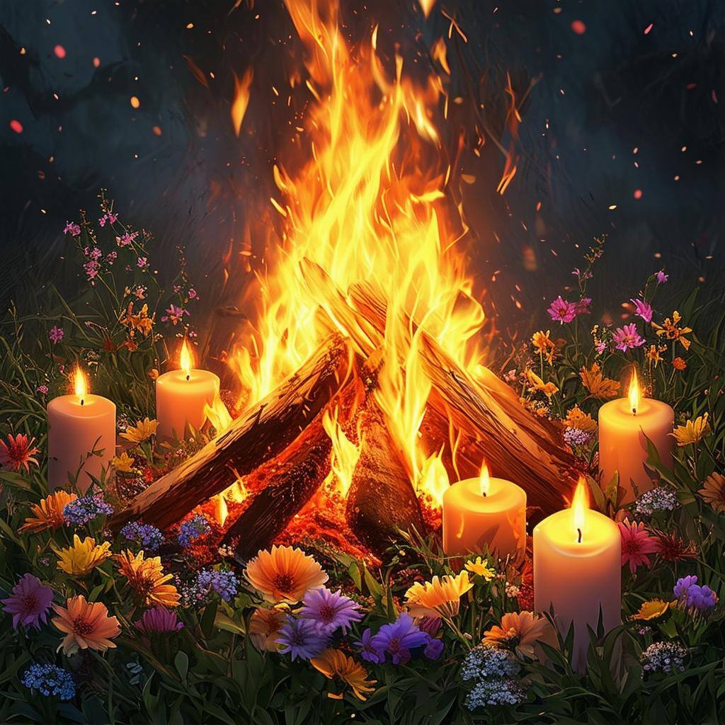 a Beltane bonfire surrounded by spring flowers and candles: A bonfire with flowers and candles symbolizing Beltane’s energy of love, attraction, and passion in spellcasting.