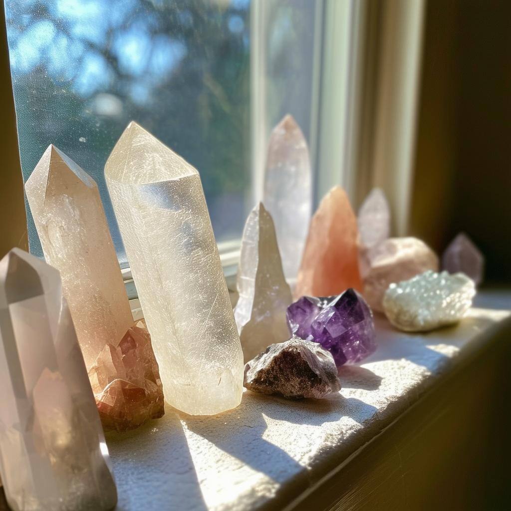 Crystal Purification Various crystals placed on a windowsill, absorbing sunlight to cleanse and recharge their energy