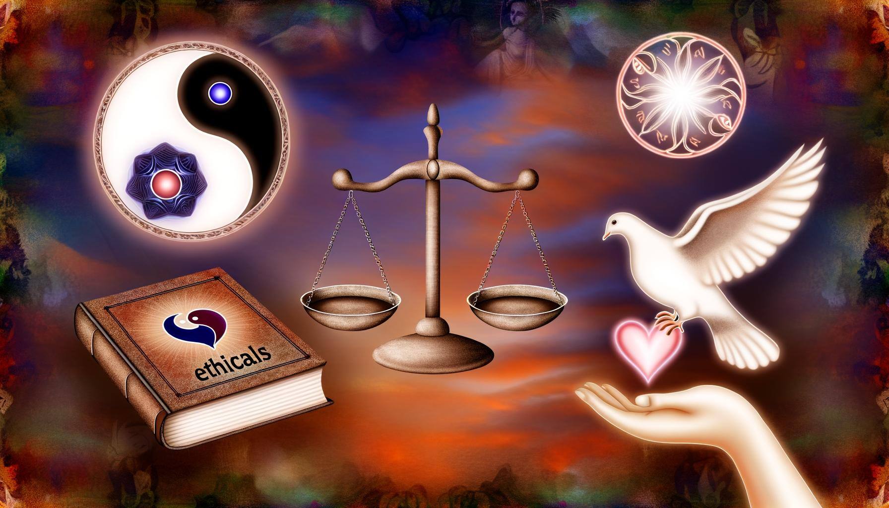 Ethical considerations in love spells, depicting symbols of balance, harmony, and ethical choices in spellcasting