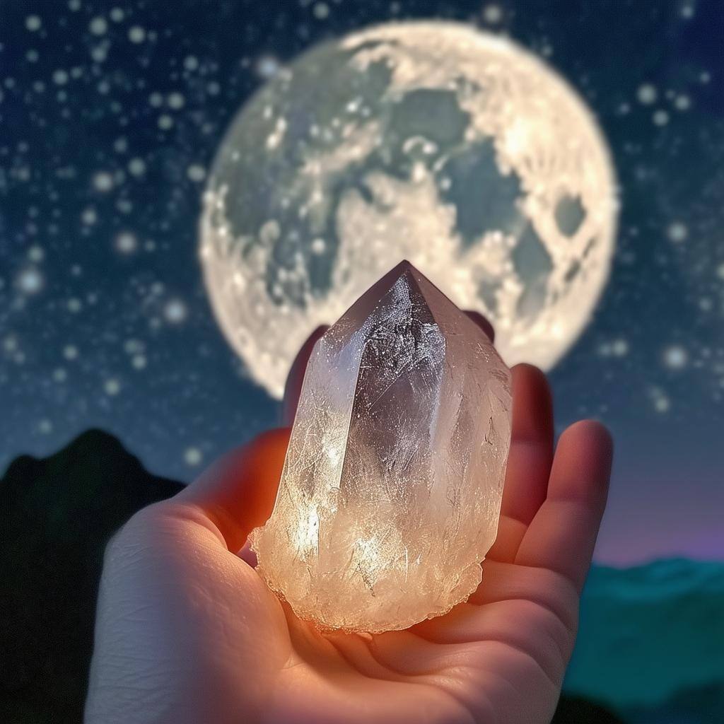 Hand holding a crystal under the new moon, setting intentions for a love spell