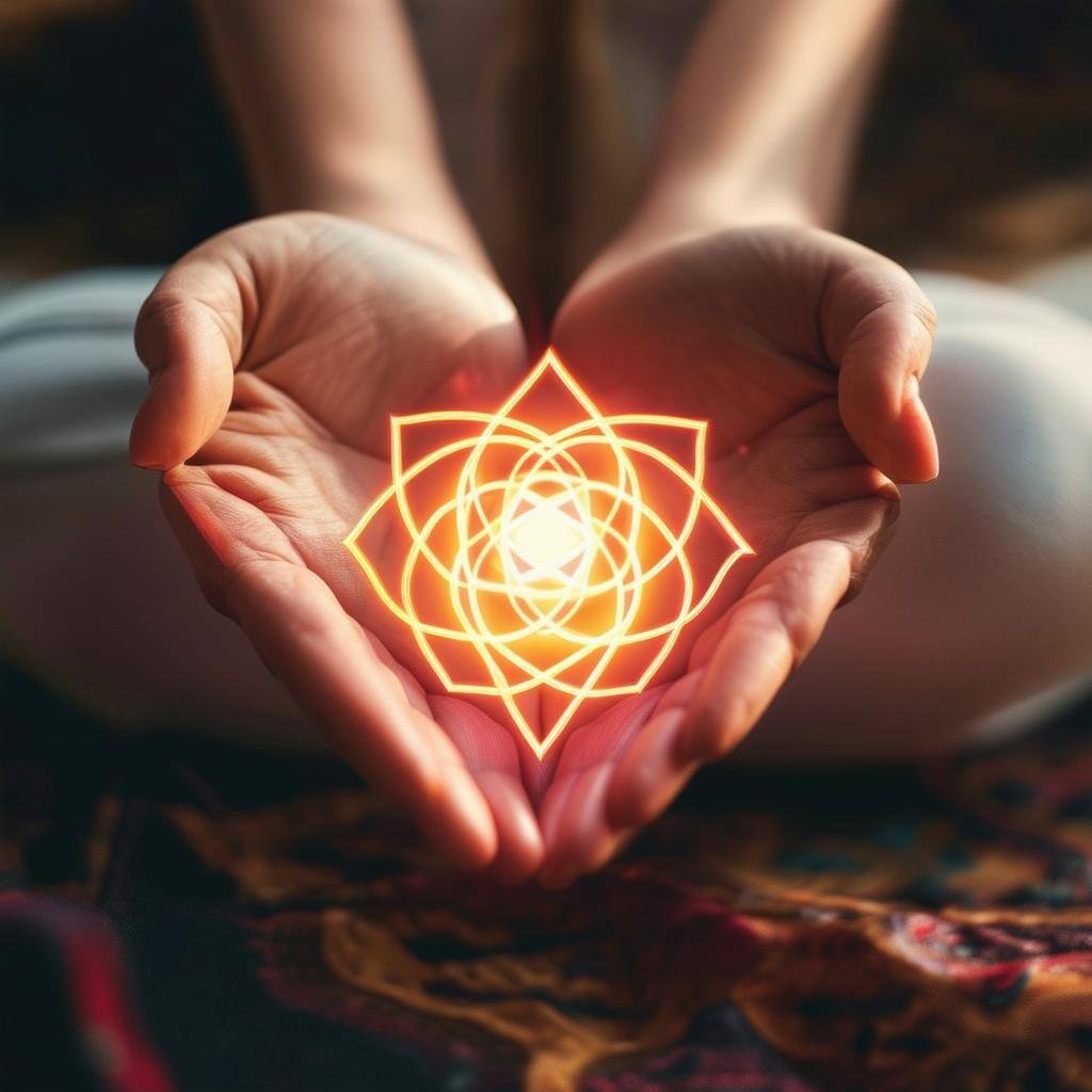 Hands held over the heart chakra, practicing chakra meditation for love spell preparation