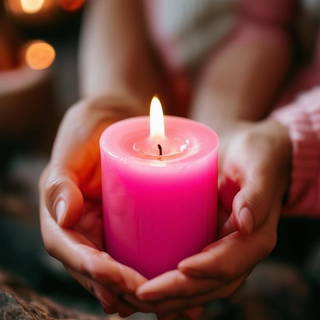 Hands holding a pink candle as part of an attraction love spell ceremony