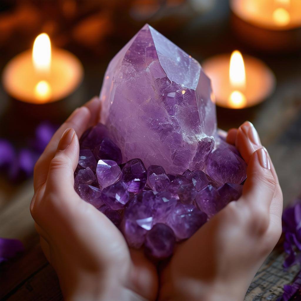 Hands holding an amethyst crystal during a twin flame spell ritual, with candles burning in the background