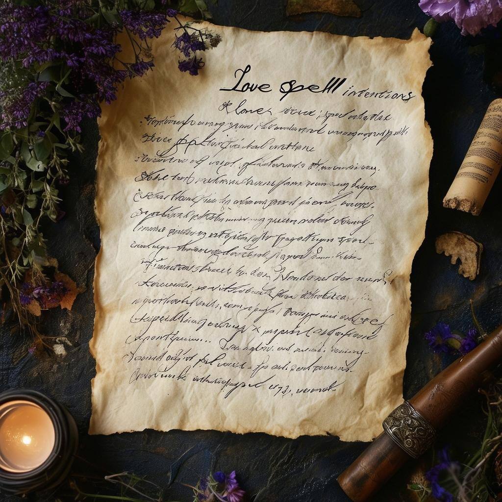 Handwriting love spell intentions on parchment under the full moon