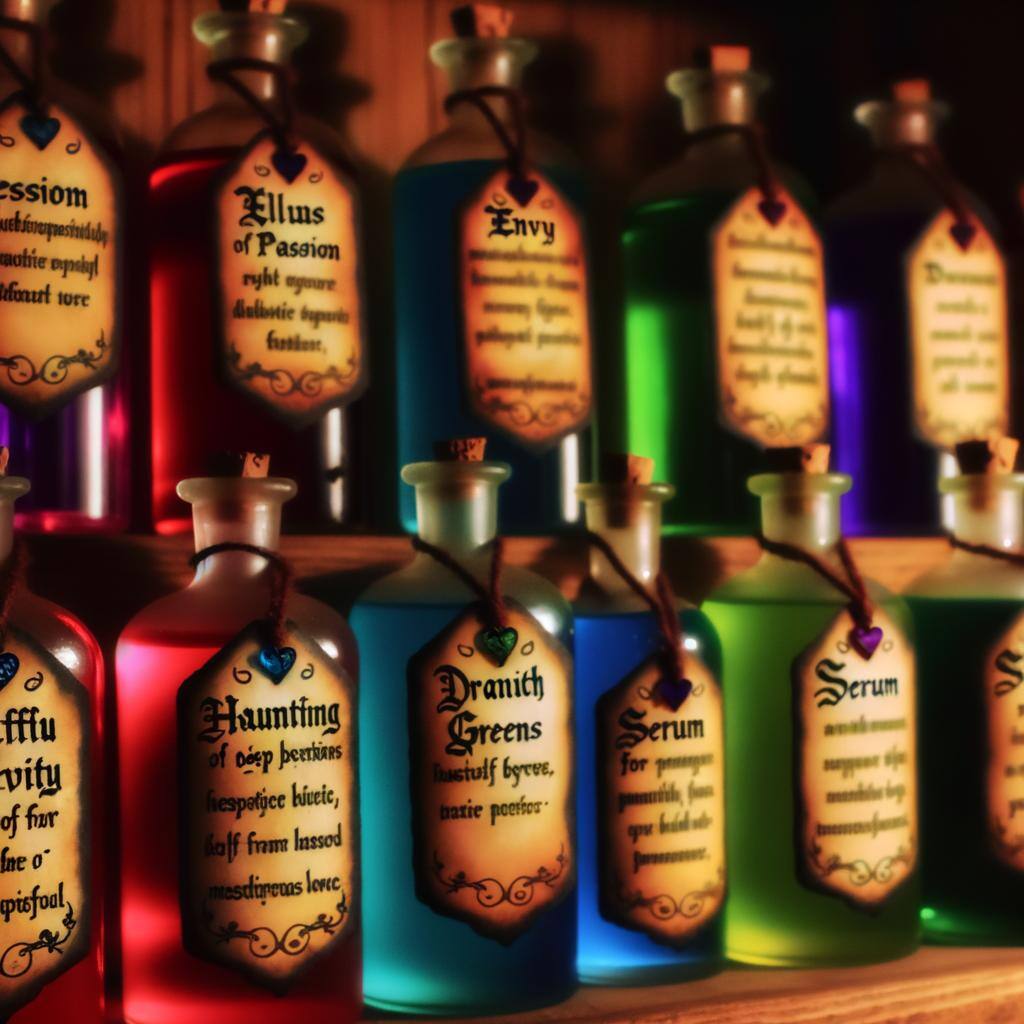 Image of Bottled Love Potions with Labels Indicating Different Uses