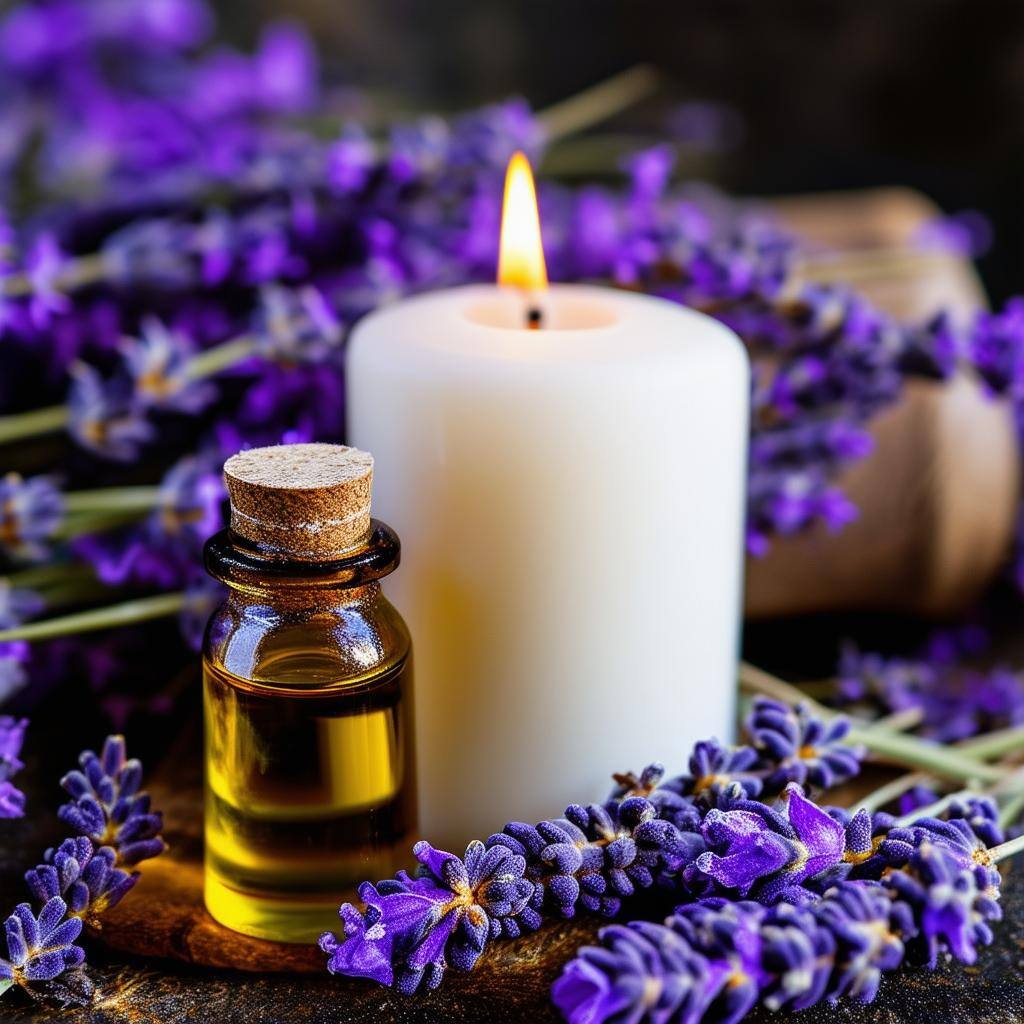 Lavender oil and a white candle used in a reconciliation love spell ritual for healing and peace