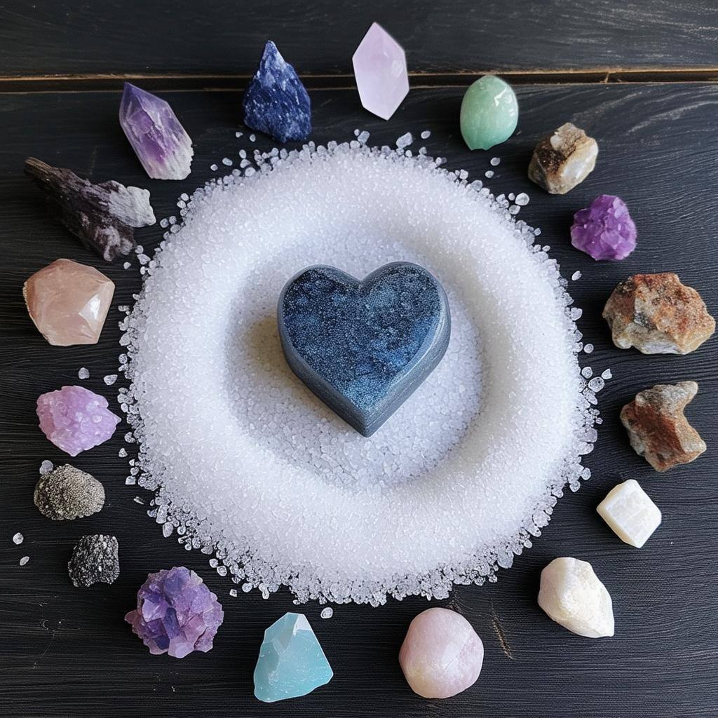 Protective circle made with crystals and salt surrounding a love spell altar