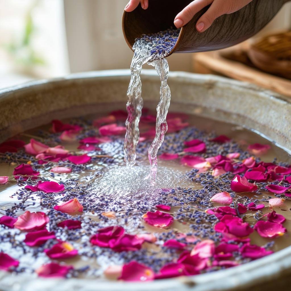 Sacred water being poured into a love bath, infused with lavender and rose petals for emotional healing