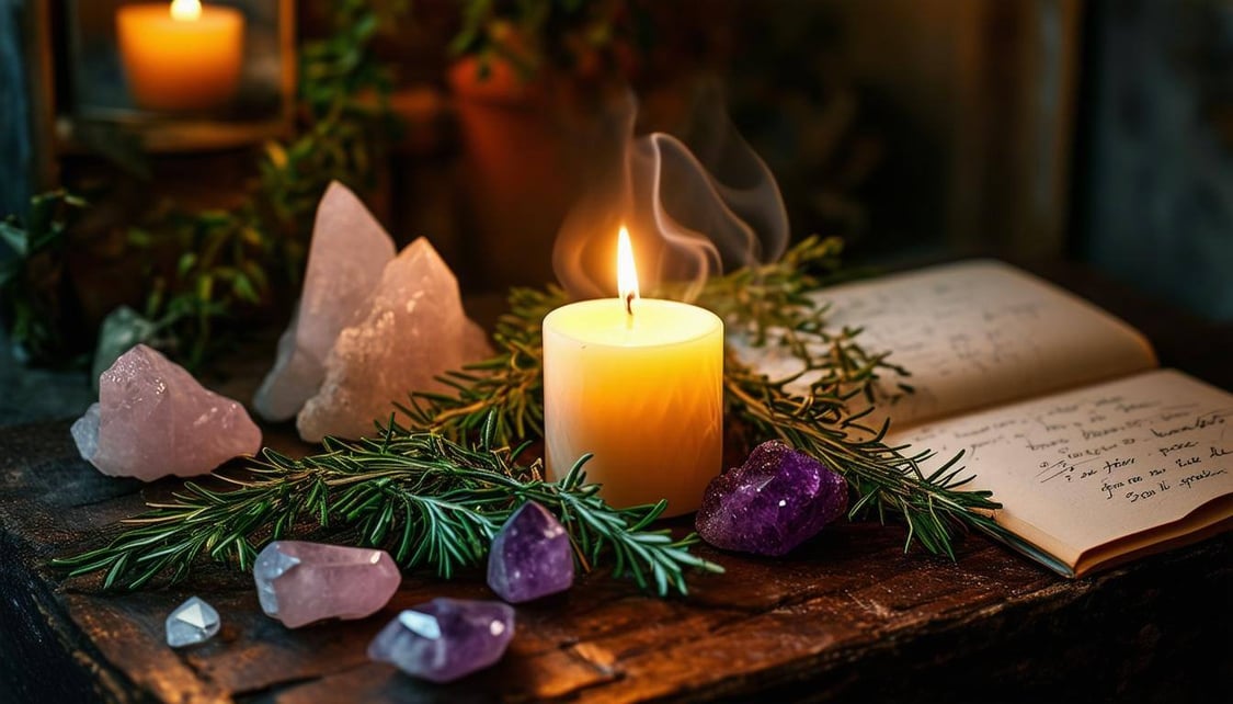 The image depicts a serene altar adorned with a vibrant, flickering candle casting warm, dancing shadows across the darkened room