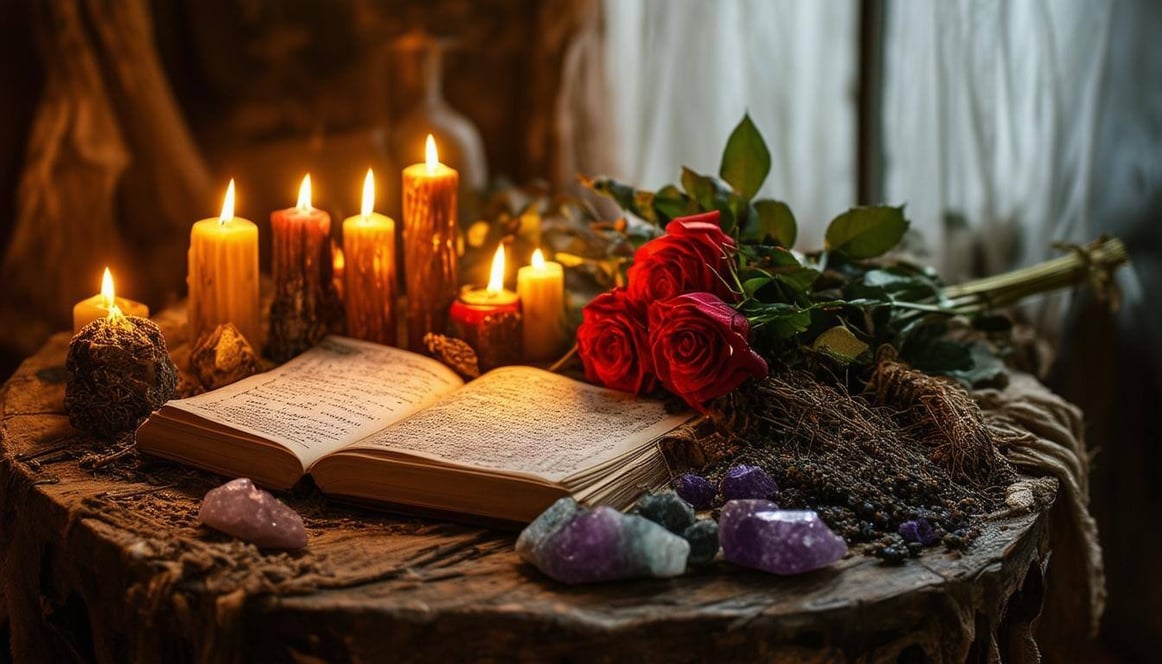 The image depicts a serene, dimly lit room filled with an air of mystique