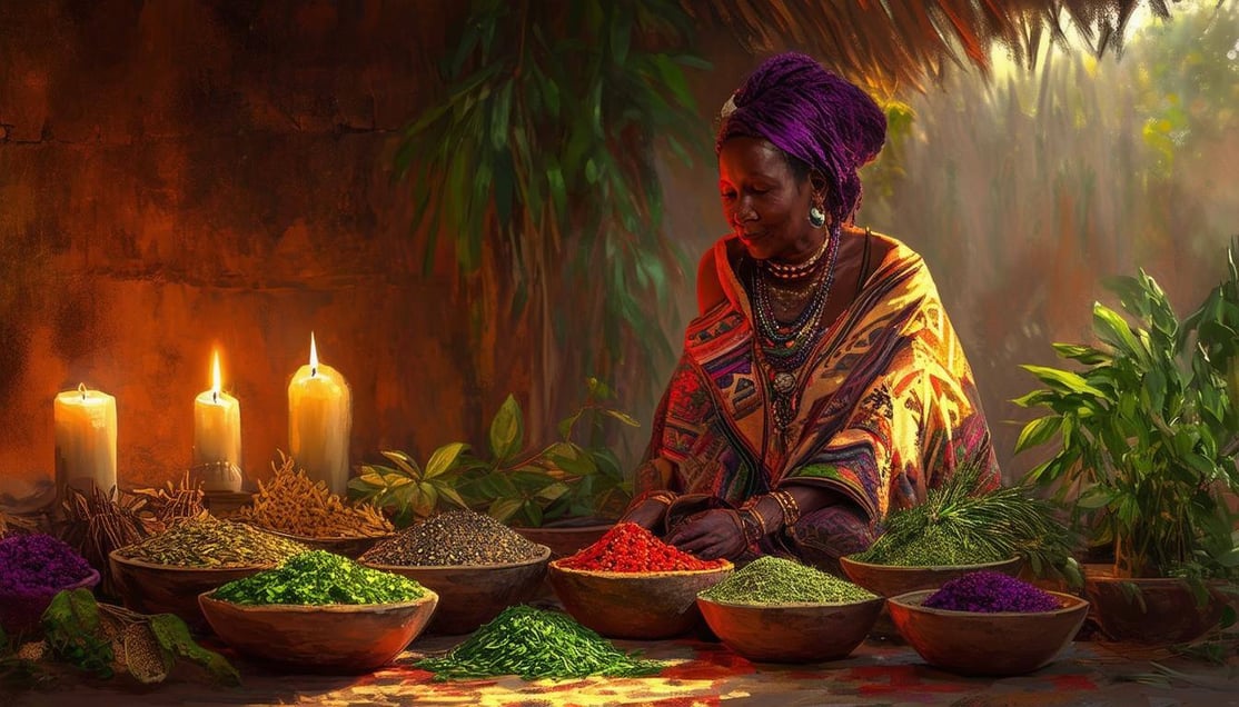 The image depicts a traditional South African healer, Mama Maria Katega, standing in her warmly lit, earthytoned ritual space filled with vibrant herb