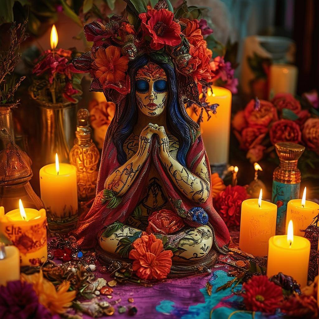 The image depicts a vibrant Voodoo altar, richly adorned with an array of colorful candles casting a warm glow