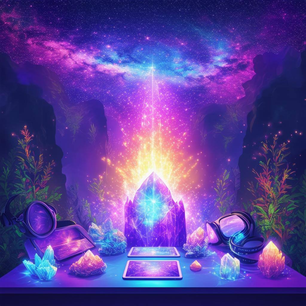The image depicts a vibrant, futuristic scene of a digital altar, glowing softly with a blend of colors