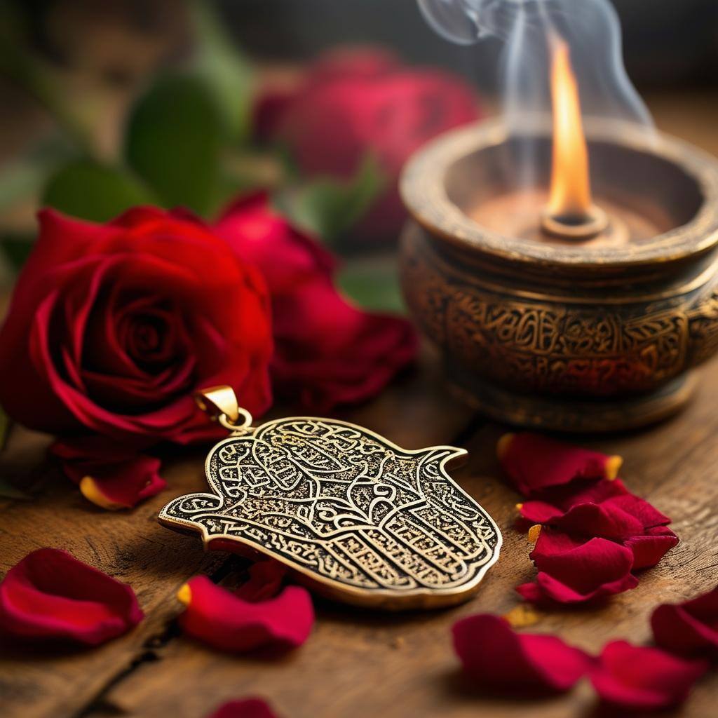 The image features a beautifully inscribed Arabic talisman taweez resting on a richly textured, decorative wooden table adorned with vibrant rose peta