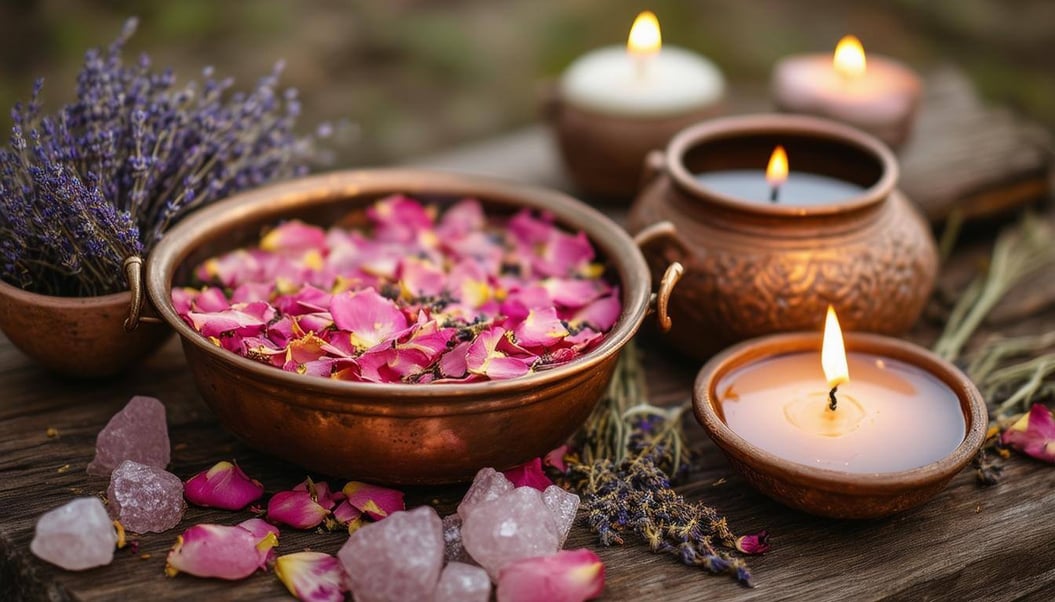 The image features a rustic wooden altar adorned with a copper cauldron at its center, filled with vibrant rose petals and fragrant herbs