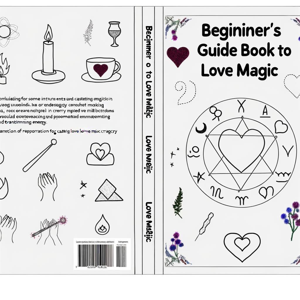 The image is of a beginners guide to love magic, covering topics such as energy work, different types of love spells, essential tools and ingredients-1