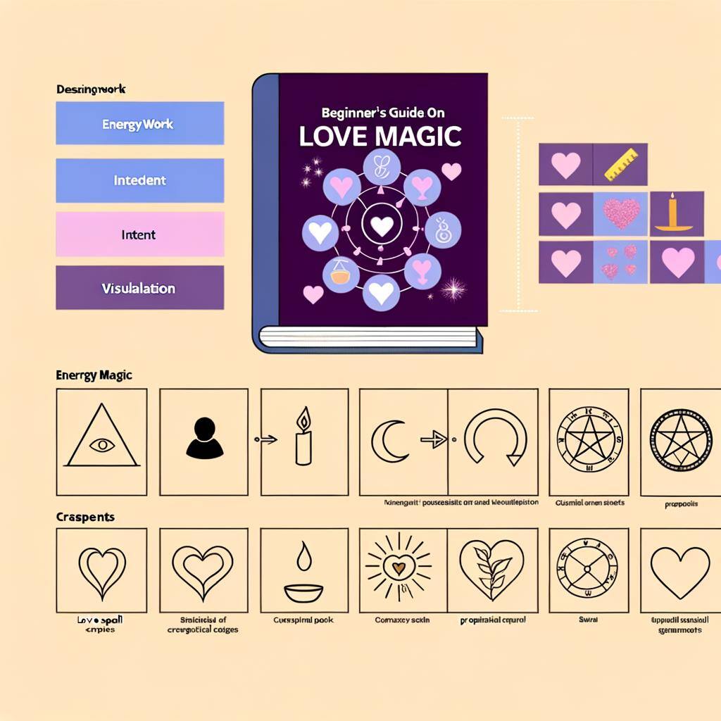 The image is of a beginners guide to love magic, covering topics such as energy work, different types of love spells, essential tools and ingredients