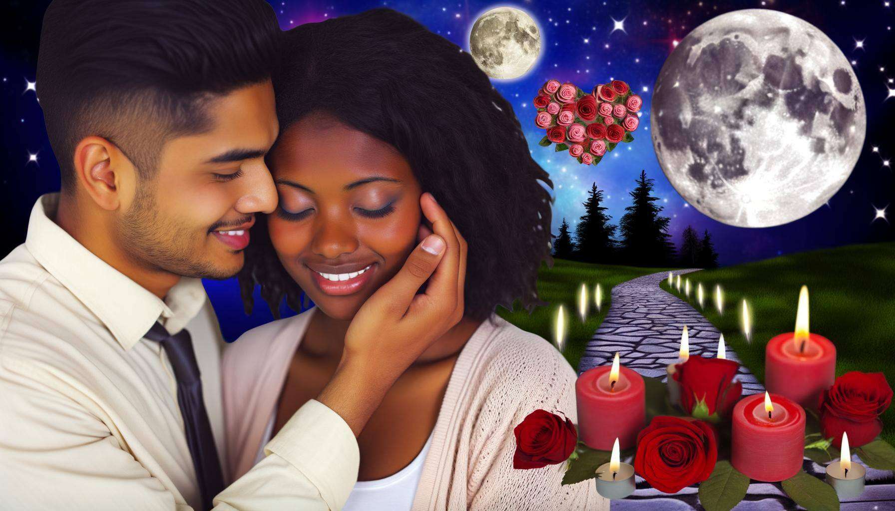 The image is of mixed race couple reuniting in a romantic setting, surrounded by symbols of love and connection-2