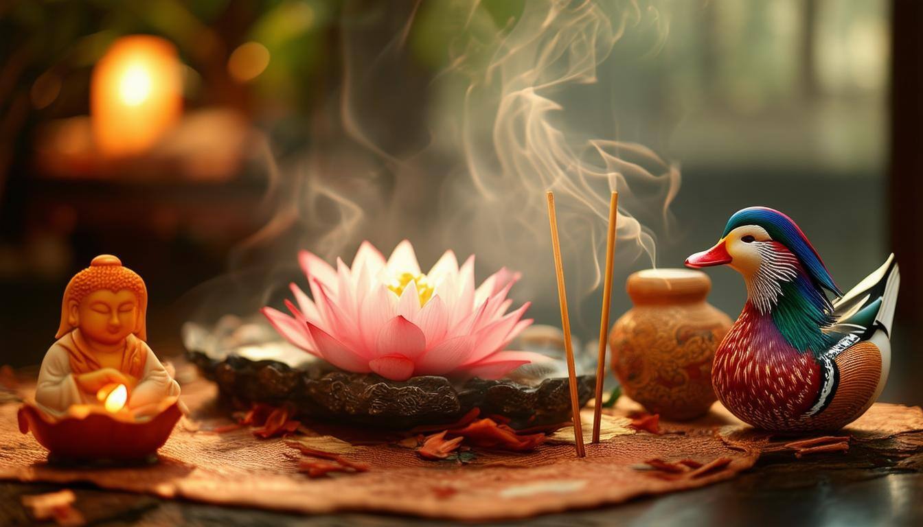 The image showcases a serene Buddhist altar adorned with a delicate lotus blossom, symbolizing spiritual awakening, surrounded by softly glowing incen-1