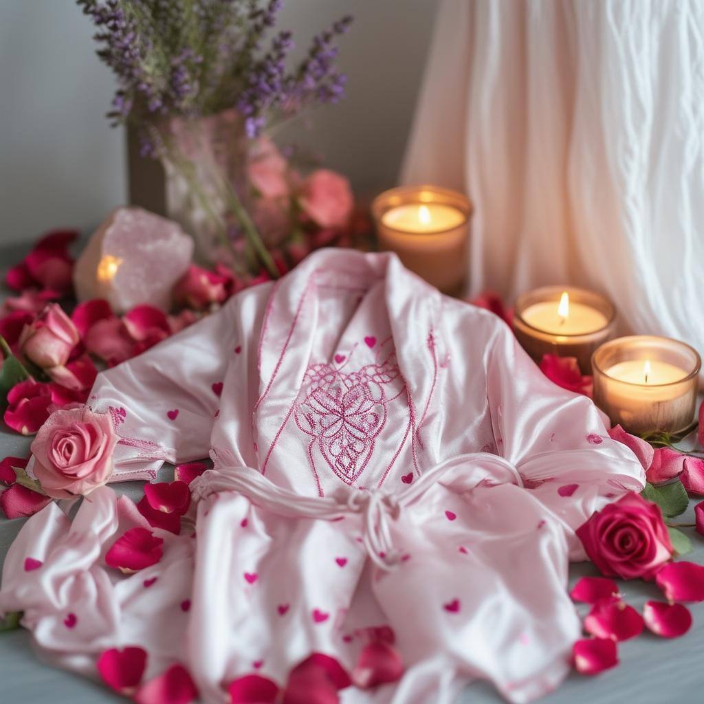 The image showcases a serene love spell altar adorned with a delicate pink silk robe, elegantly folded