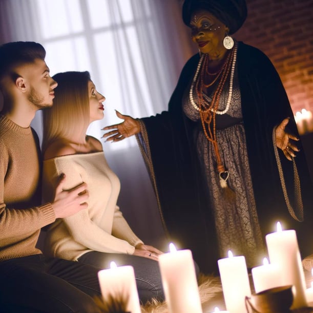 Two lovers nailing before an african american women love spell caster in a room with candles around