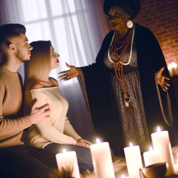 Two lovers nailing before an african american women love spell caster in a room with candles around