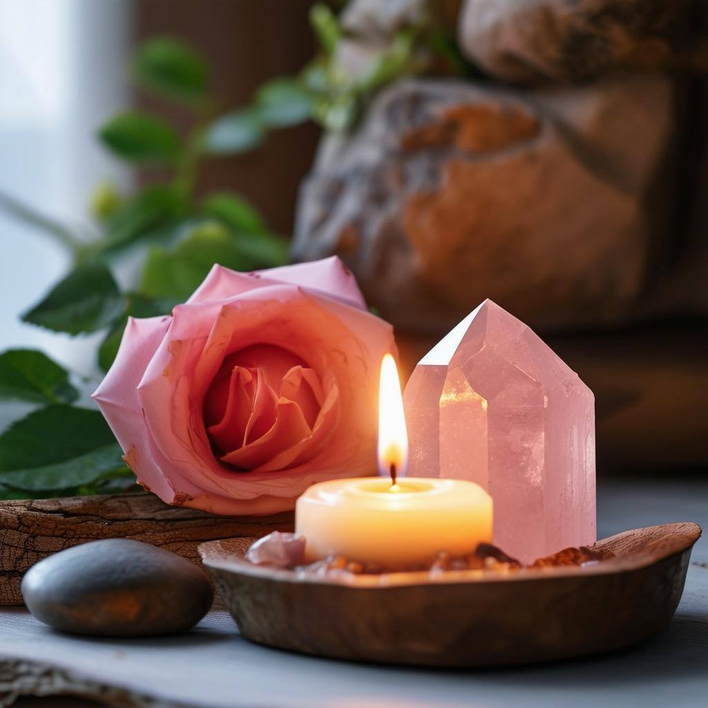 Visualization meditation setup with a lit candle and rose quartz for focus before casting a love spell-1