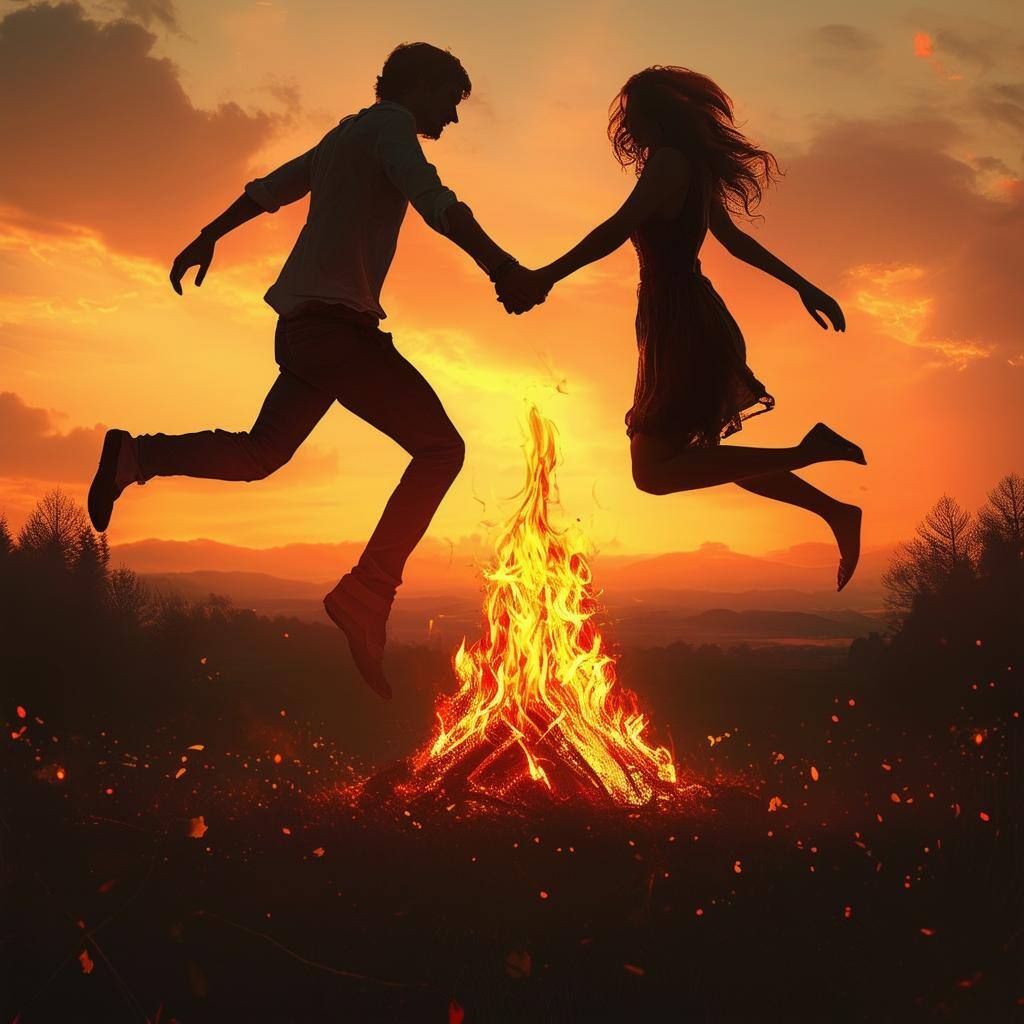 a couple jumping over a small fire at dusk on Beltane: A couple holding hands and jumping over a small fire, symbolizing unity and connection in Beltane traditions.