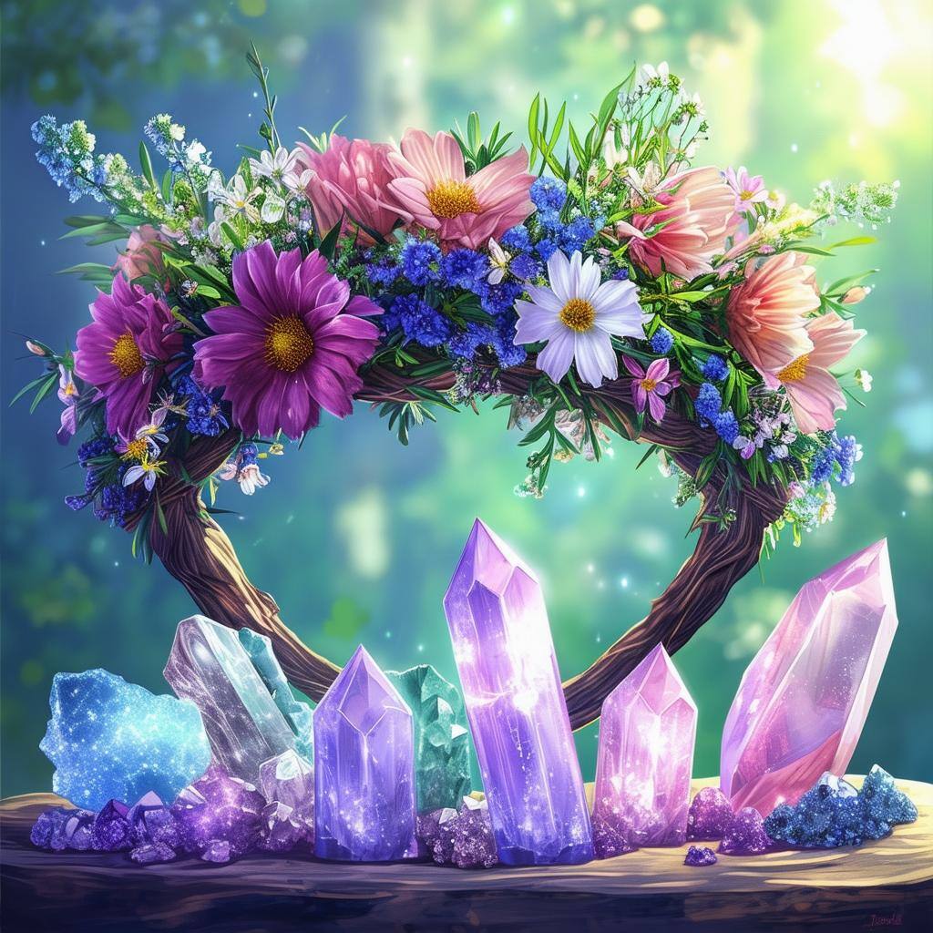 a flower crown and crystals set up for a Beltane love spell: A crown made of spring flowers next to crystals, representing Beltane’s energy for love and attraction.