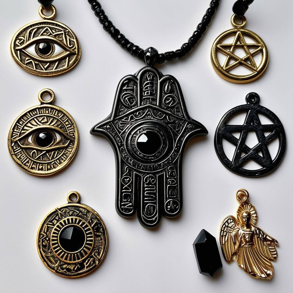 various powerful amulets, including the Hamsa Hand, Eye of Horus, Black Tourmaline crystal, Pentacle symbol, and St