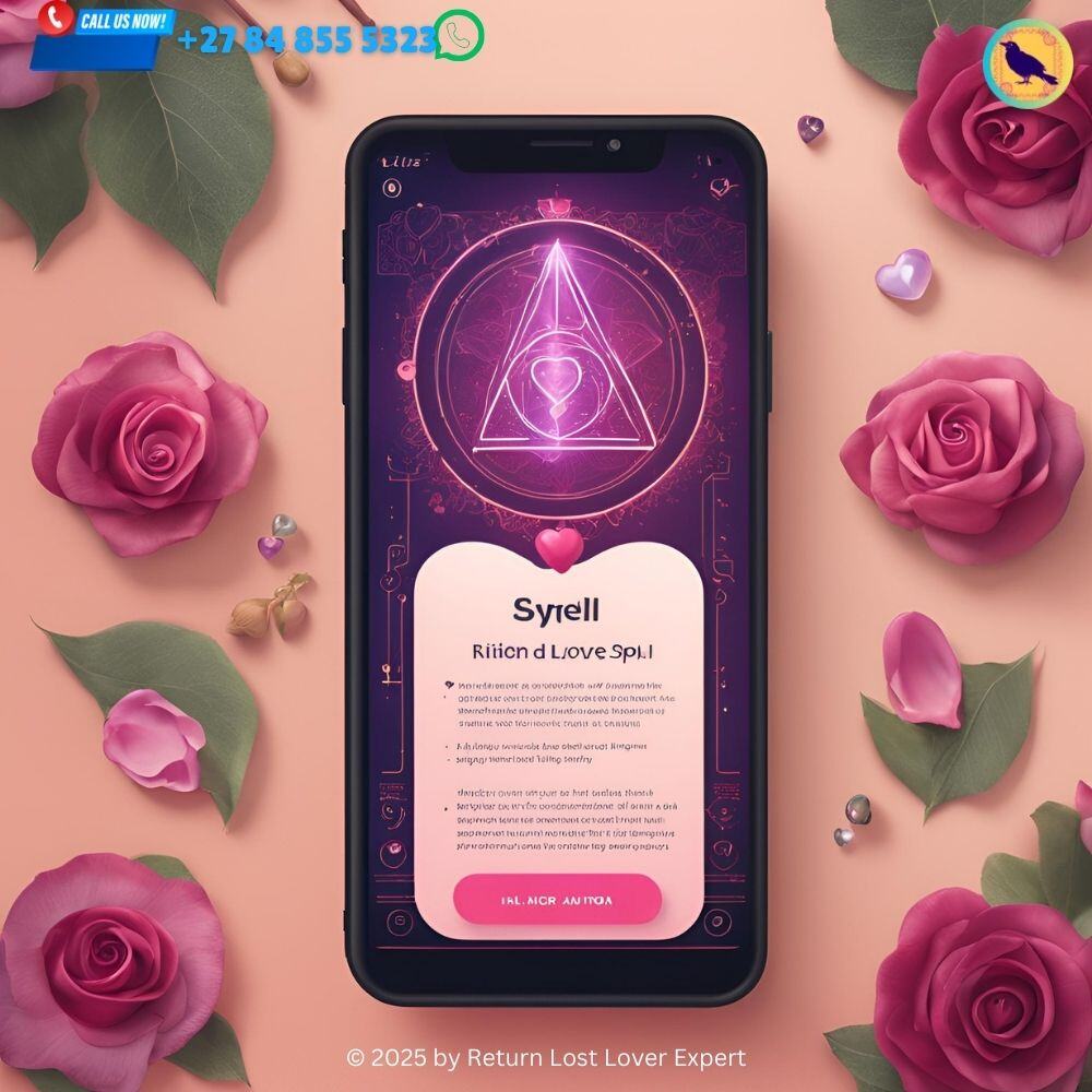 An AI-driven app on a smartphone screen, guiding a user through a personalized love spell ritual with interactive features. (2)