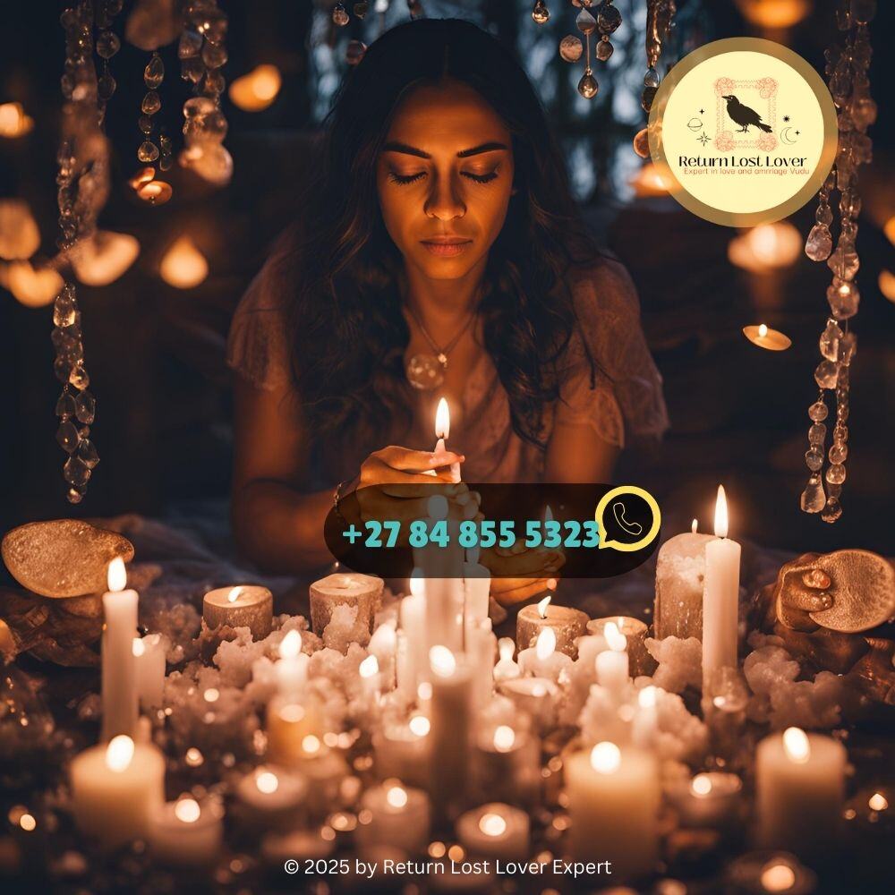 An image of a person surrounded by candles and crystals, bathed in the light of the full moon, casting a love spell with focused intention and emotional clarity.