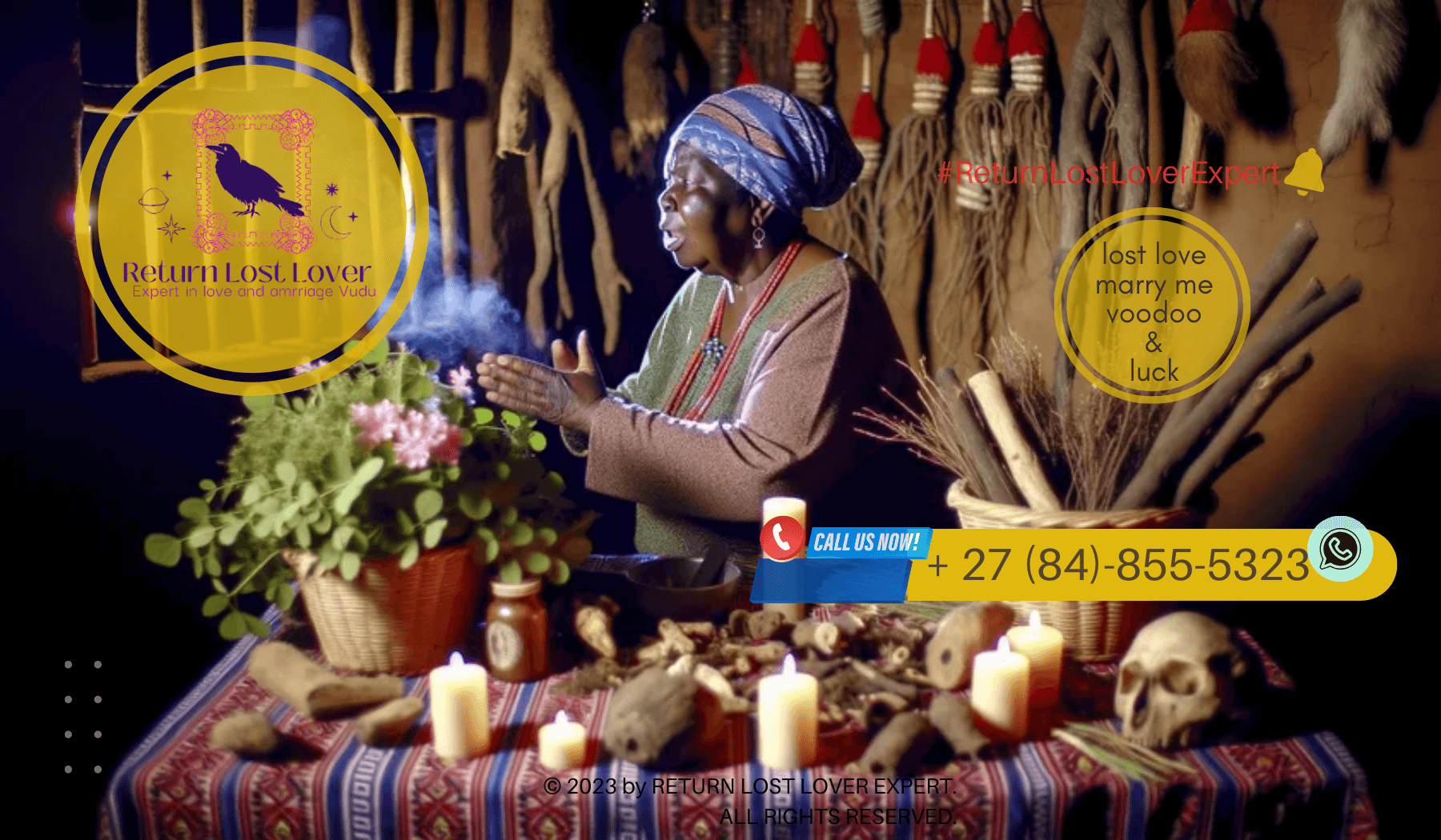 A traditional African healer preparing herbs and sacred objects for a love spell ritual