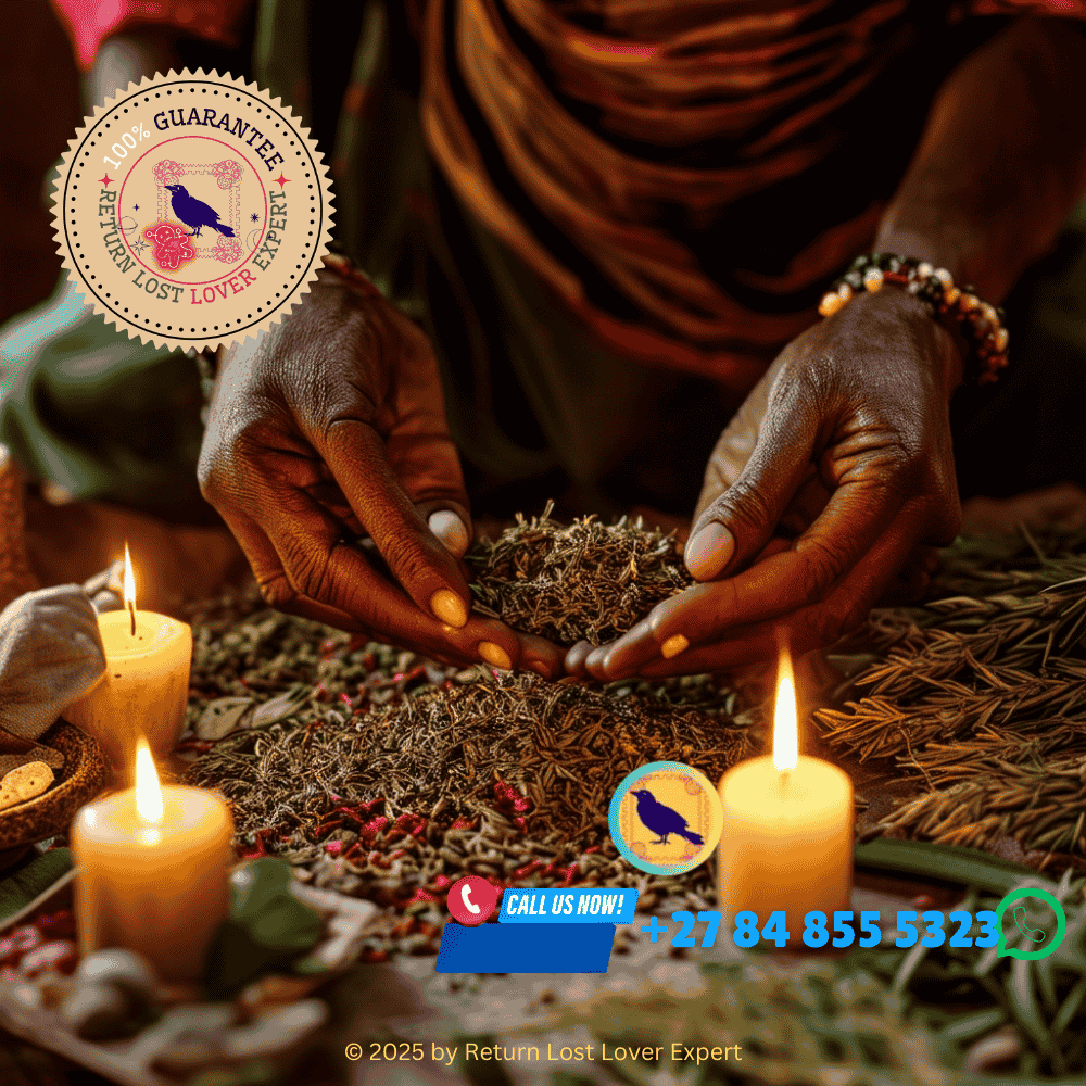 Traditional healer preparing a love spell with herbs and ancestral offerings.