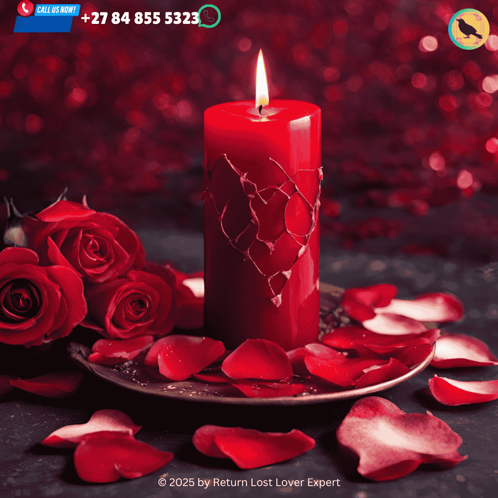 Candle magic for eternal love spells A lit red candle surrounded by rose petals and symbols of love, used in a ritual to invoke lasting affection.