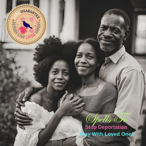 A reunited family embracing, symbolizing the success of deportation spells in keeping loved ones together.