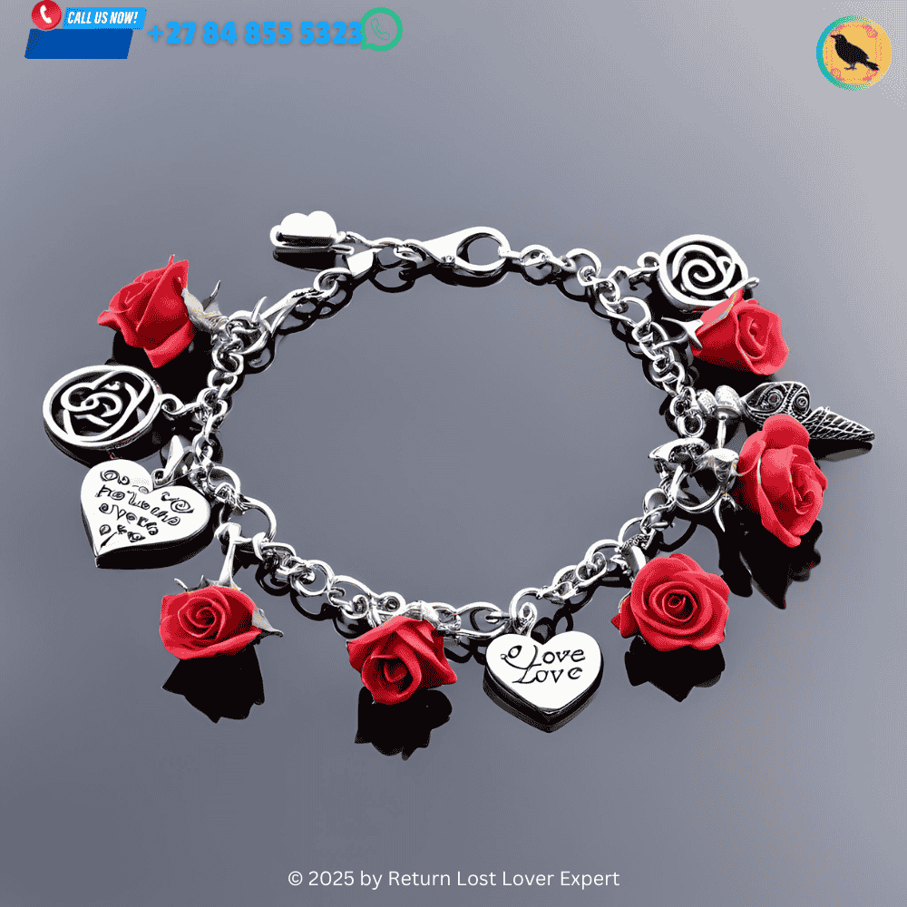 Charm bracelet with love symbols like hearts and roses, charged with romantic intentions for attracting love.