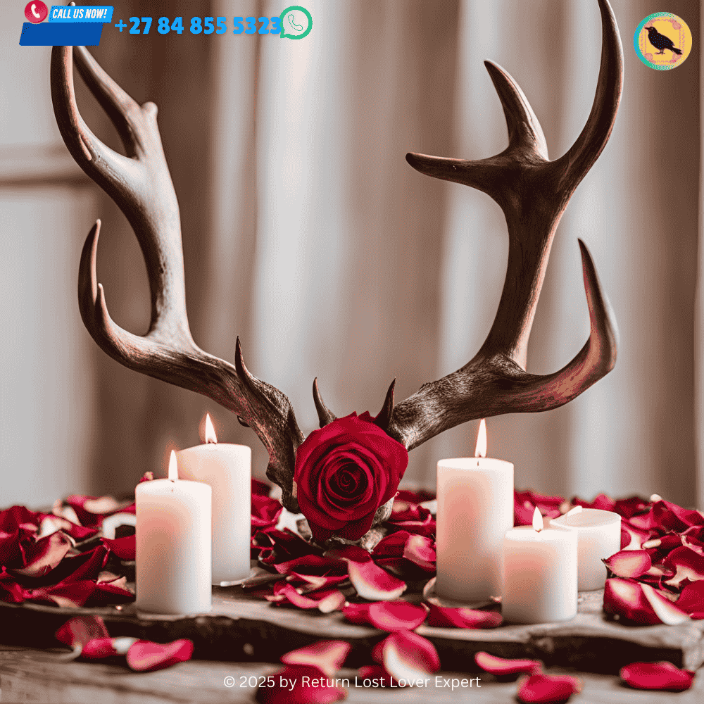 Deer antlers and rose petals on a love altar, symbolizing nurturing love and emotional growth in a relationship. (1)