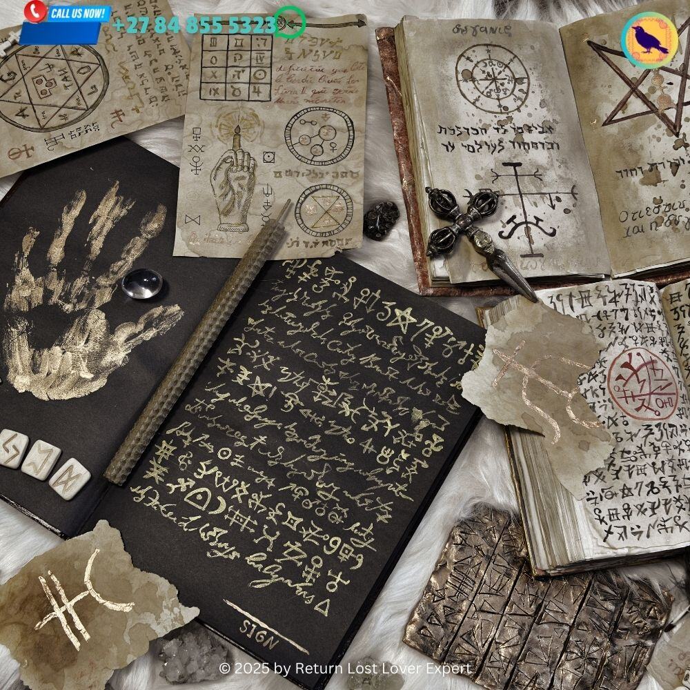 A collection of ancient manuscripts and scrolls on a rustic table, featuring detailed illustrations and writings on the practice of love spells across different cultures and eras.