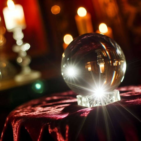 A mystical crystal ball sitting on a velvet cloth, reflecting the soft glow of candlelight in a dimly lit room.