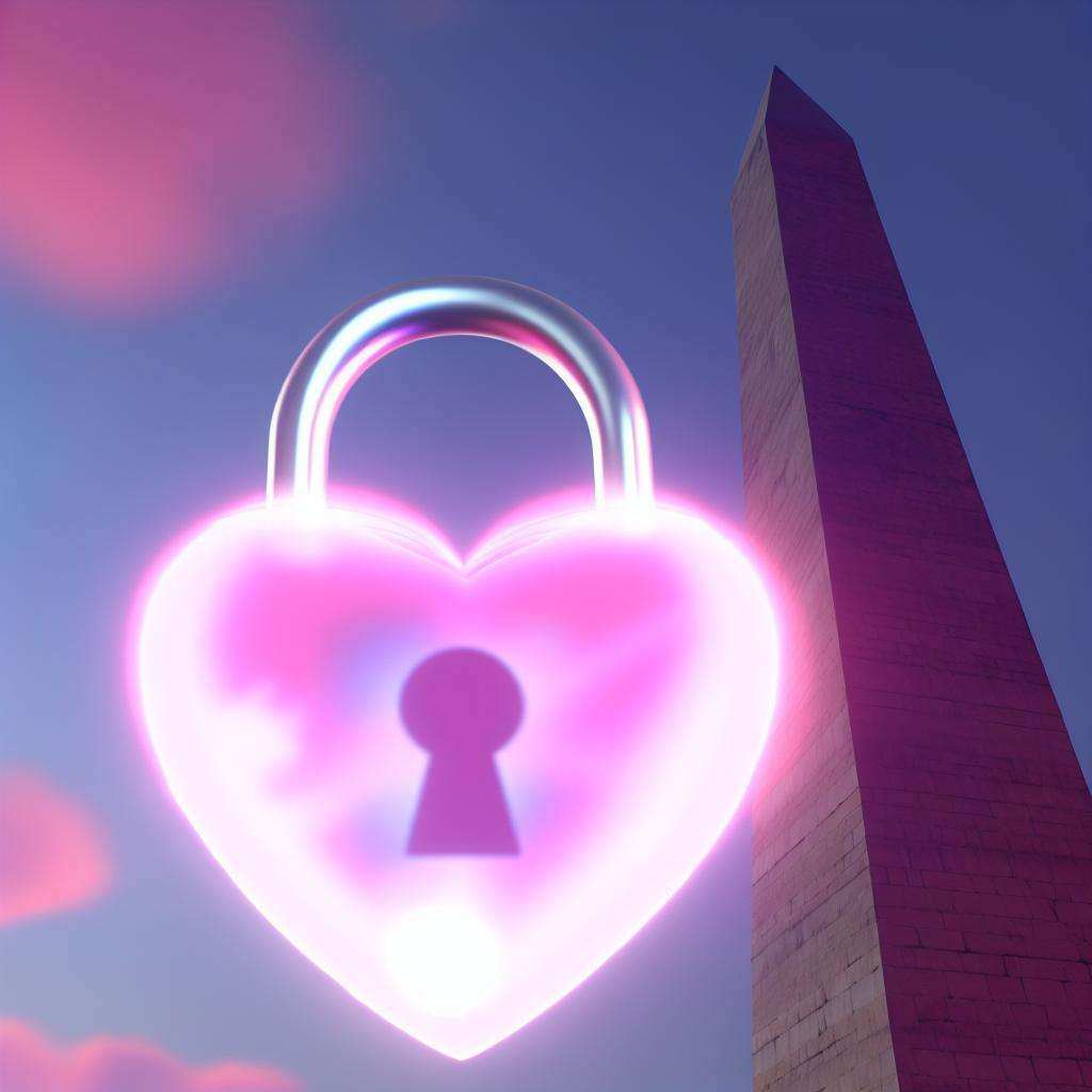 A mystical heart-shaped lock floating in front of the Washington Monument, glowing with a soft pink light. Symbolizes eternal love