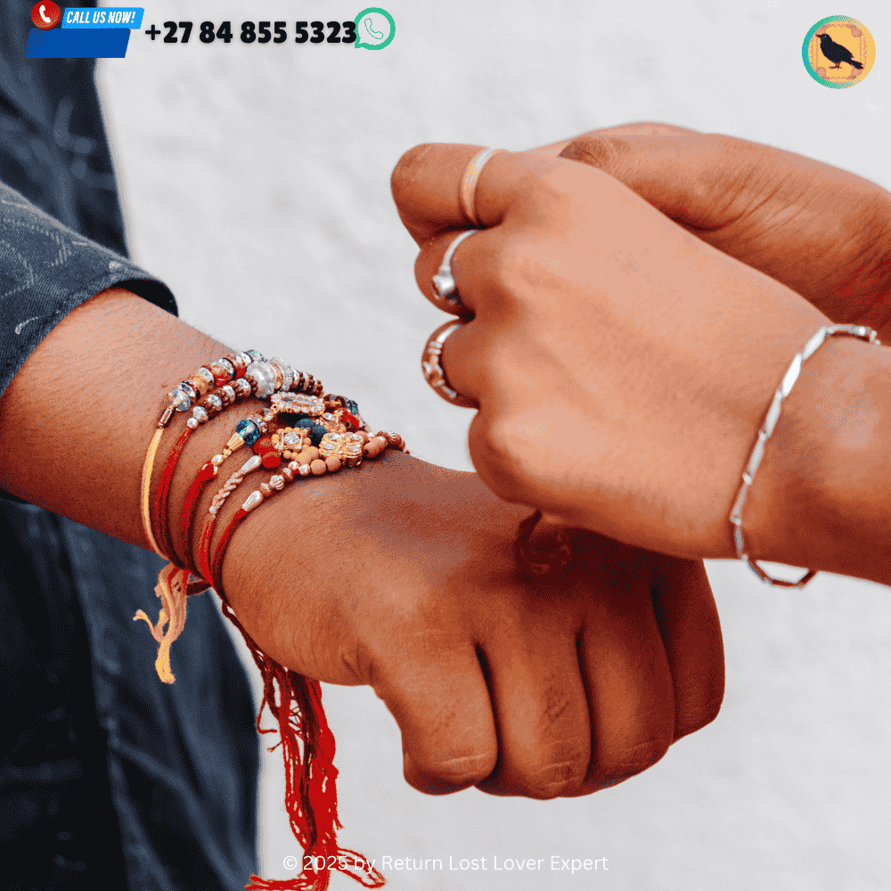 Hands tying a knot with a red string during a binding love spell ceremony.