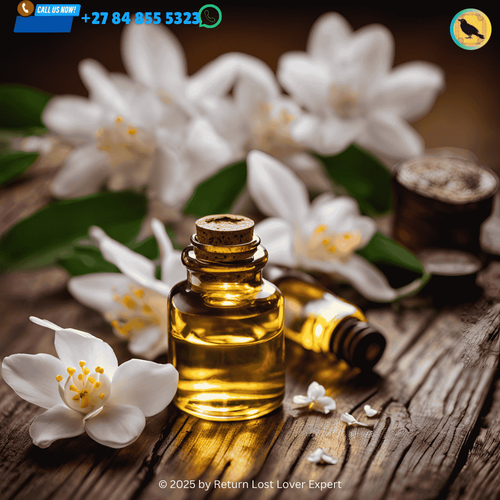 Jasmine flowers and essential oil, ready for a romantic love spell ritual. (1)