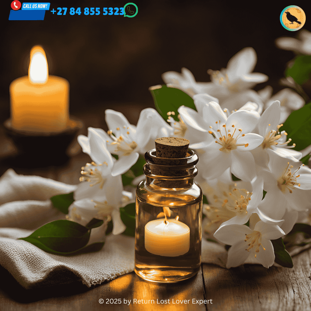 Jasmine flowers and essential oil, ready for a romantic love spell ritual.