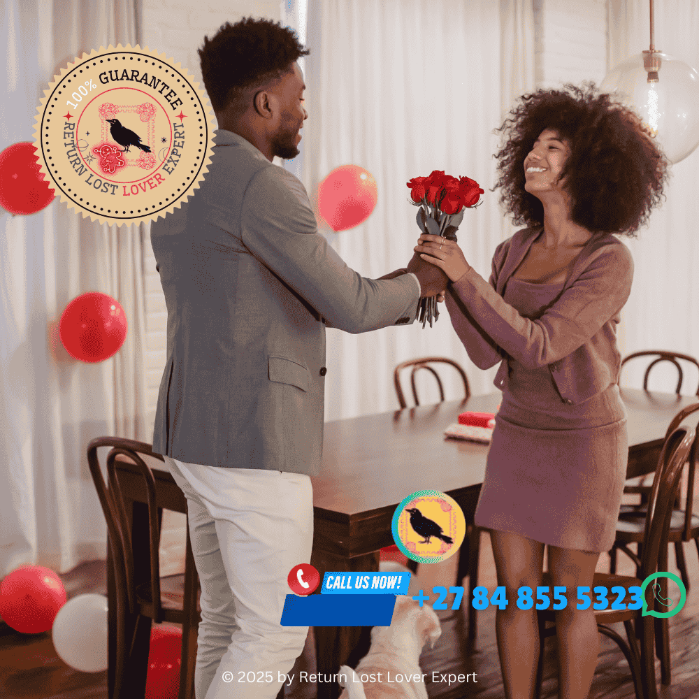 Couple smiling after reuniting through a voodoo love spell in Gauteng.