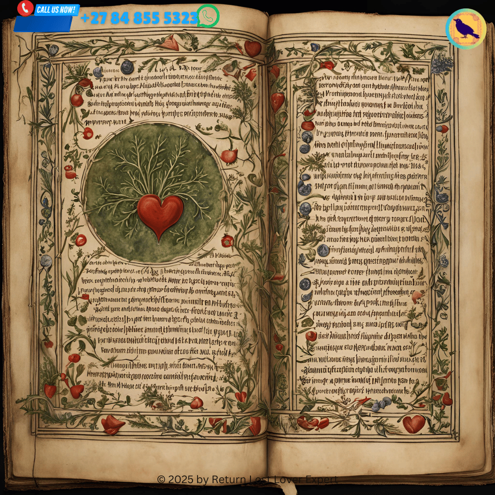 Medieval love spell grimoire A detailed page from a medieval grimoire, showing handwritten instructions for casting love spells using herbs like mandrake