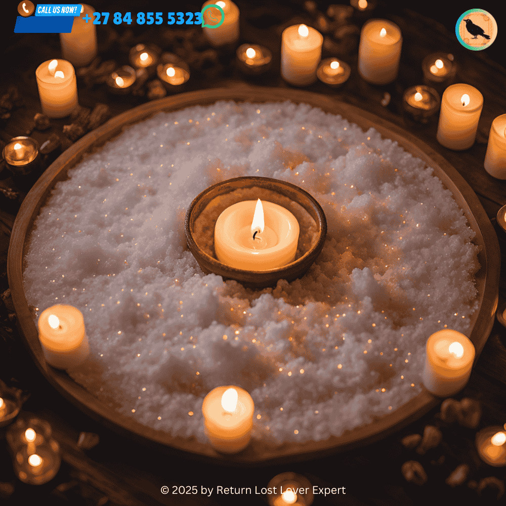 A person smudging their sacred space with sage, preparing for spellcasting. A protective circle made with crystals and salt surrounding a love spell altar. Hands anointing a candle with protective oils before casting a spell.